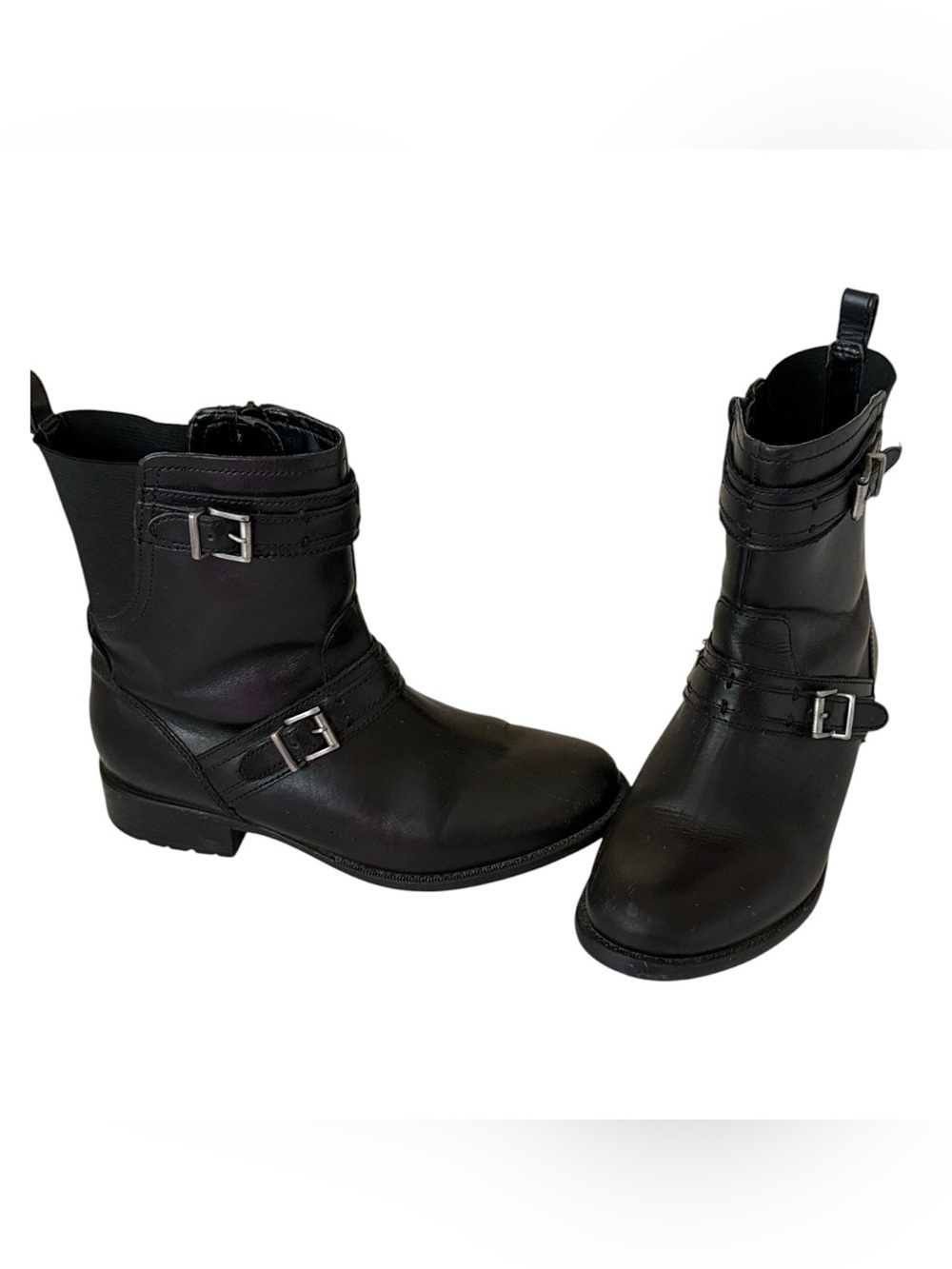 Clarks Narrative Plaza City leather boots, zip closure, buckle accents, size 6.5